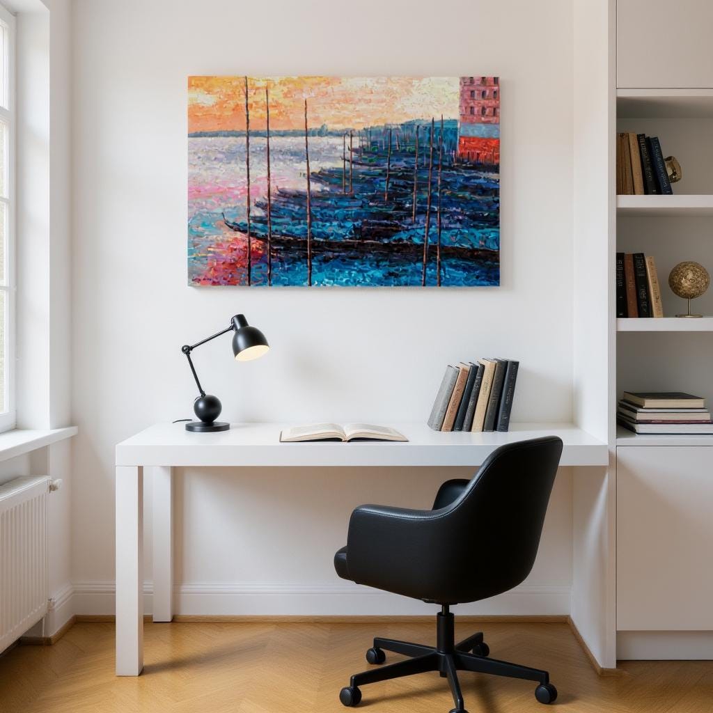 George Miller&#39;s Venice painting brightens minimalist office. Above clean desk, textured sunrise energizes white bookshelves. Vibrant gondolas bring Venetian energy to functional workspace. Natural light enhances impasto depth for inspiring productivity.