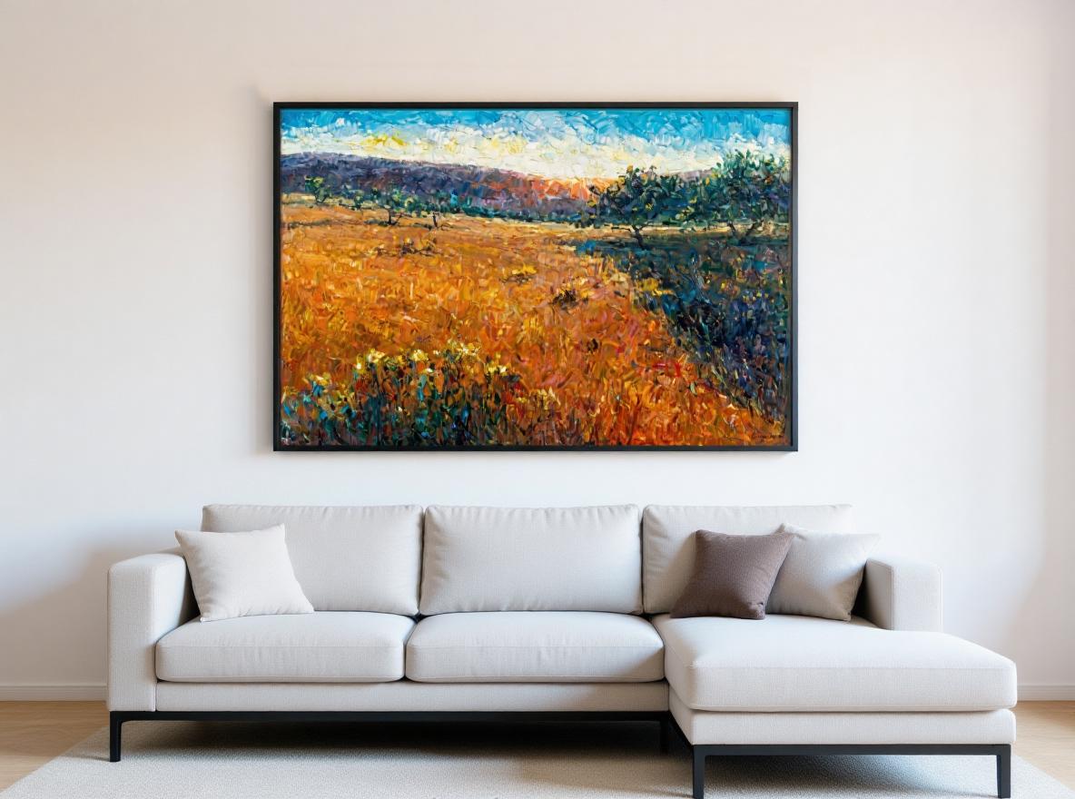 George Miller&#39;s &#39;Tuscany Sunset&#39; oil painting elevates a minimalist living room, hung above a light beige sectional sofa. Its bold impasto strokes in warm oranges, yellows, and deep blues contrast harmoniously with the room’s neutral palette (light gray rug, hardwood floors). The painting’s black frame aligns with clean-lined furniture, making it a vibrant focal point. Balances dynamic Tuscan energy with the space’s tranquil modernity.