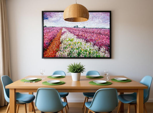 George Miller’s textured &quot;Path Through the Blooms&quot; energizes a Scandinavian dining space. Bold floral pinks and purples pop against minimalist beige walls. Earthy brushstrokes harmonize with woven pendant lighting and light wood furniture. Positioned above green placemats and fern centerpiece, the artwork injects organic vibrancy into this clean-lined, modern aesthetic.
