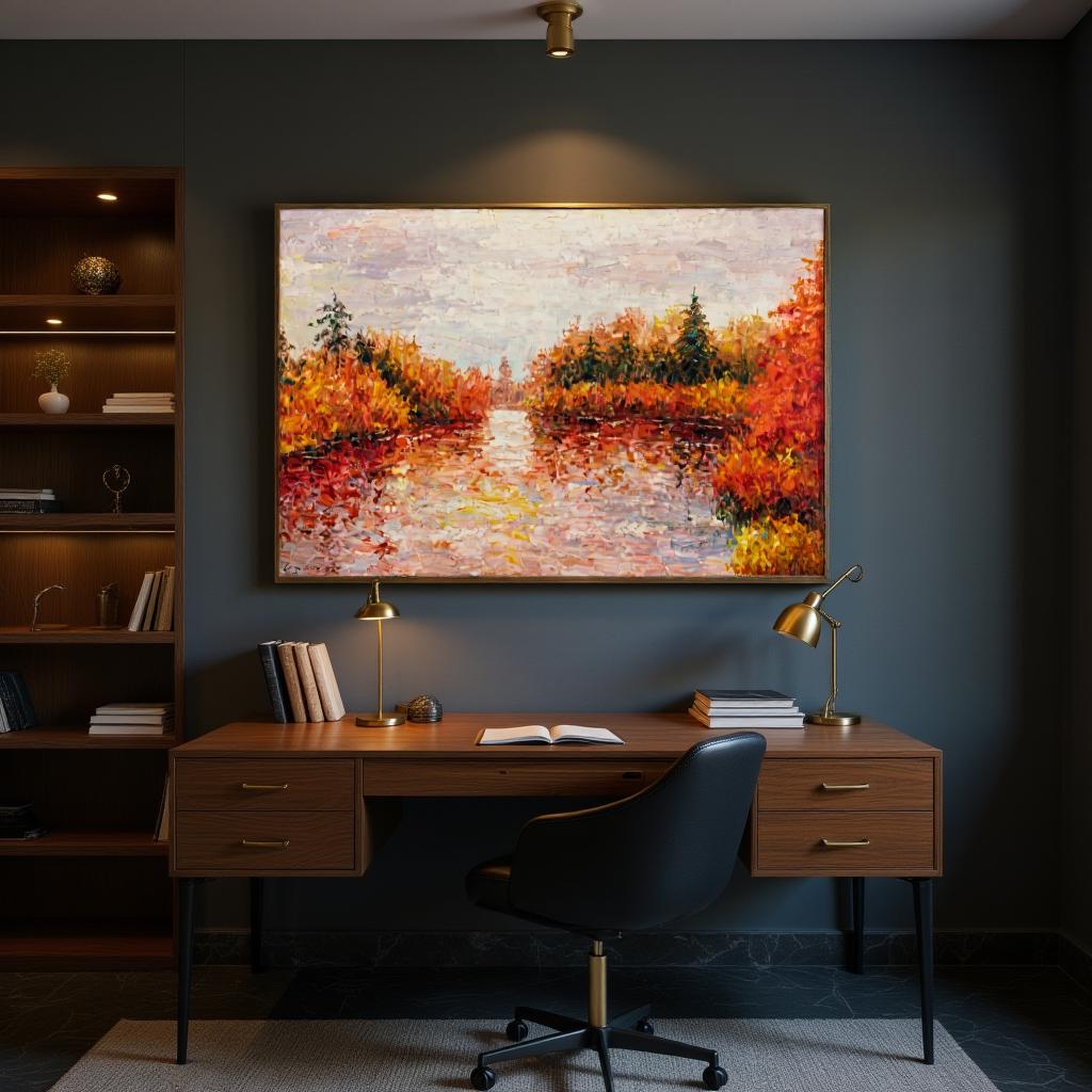 George Miller&#39;s &quot;Autumn Reflections&quot; brings a sense of tranquility to a contemporary office. The painting&#39;s colors complement the dark gray walls, creating a balanced and focused environment. The artwork adds a touch of nature, making the space feel more inviting.
