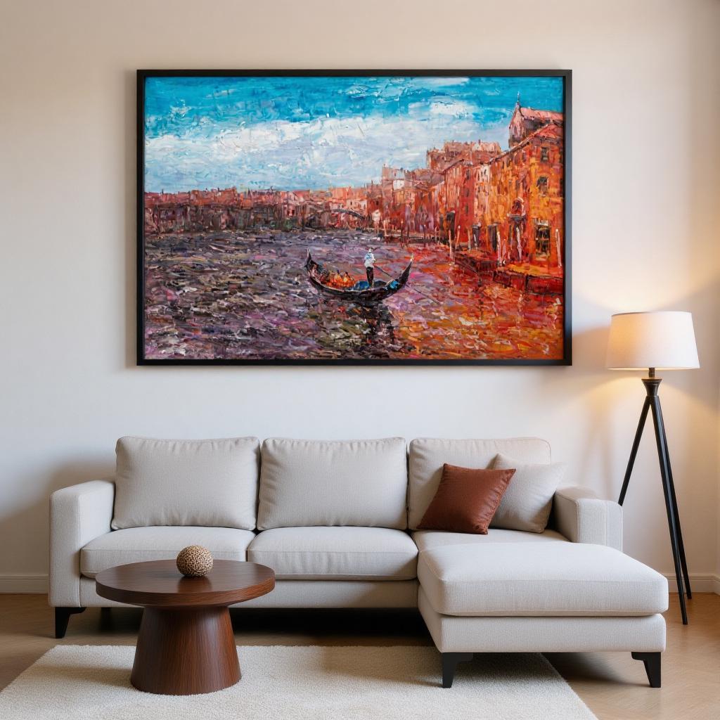 George Miller&#39;s &quot;Venetian Reflections&quot; enhances a minimalist living room with its vibrant colors and serene subject. This painting adds an artistic focal point to the clean, uncluttered space, creating a balance of modern style and classic art.