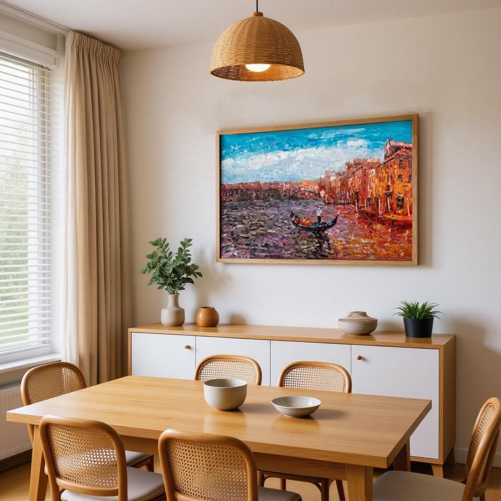 George Miller&#39;s &quot;Venetian Reflections&quot; brings a touch of sophistication to a dining room with natural wood furniture. The artwork&#39;s harmonious colors complement the room&#39;s warm tones, creating a comfortable and inviting ambiance for dining.