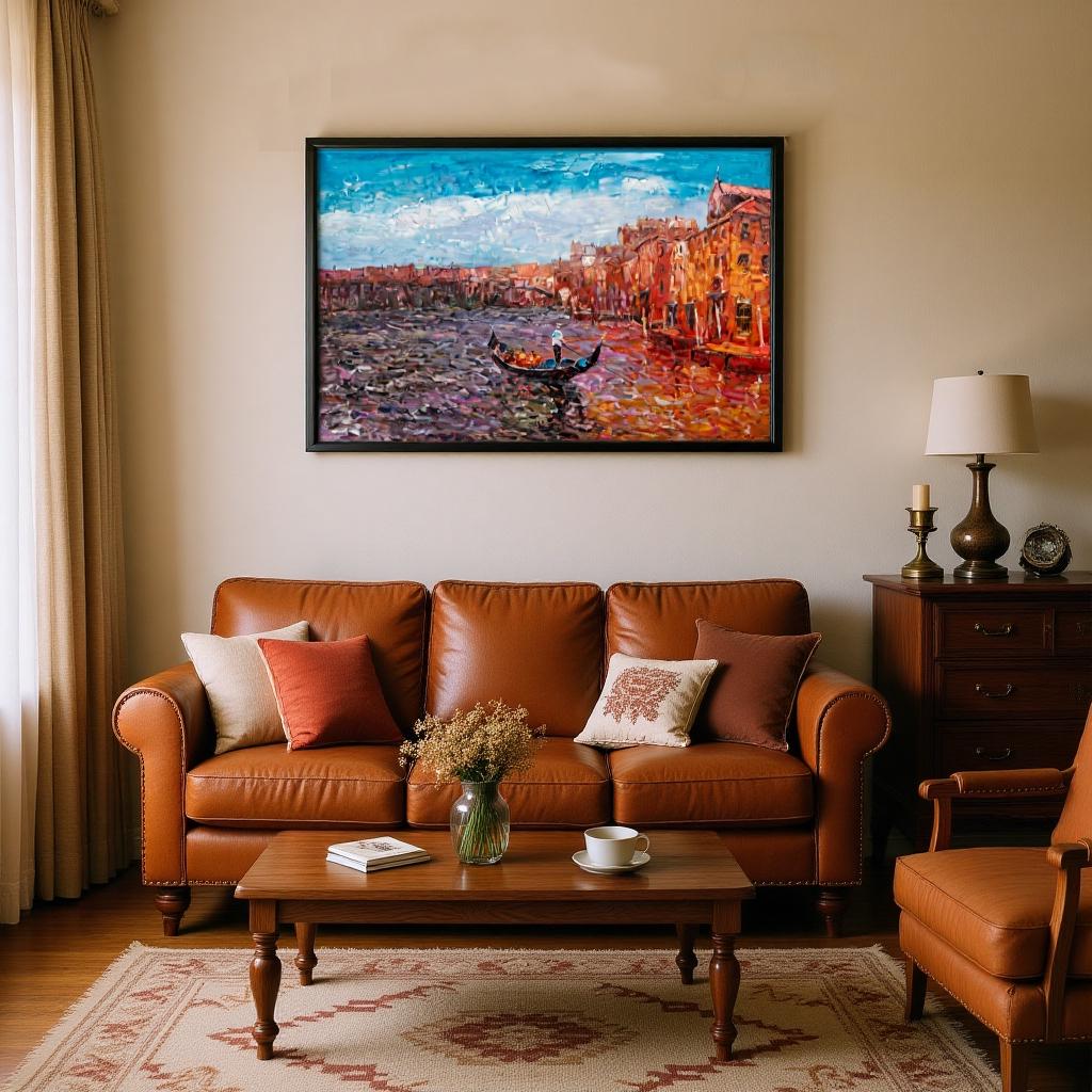 George Miller&#39;s &quot;Venetian Reflections&quot; enriches a traditional living room with its classic charm and rich color palette. The artwork complements the leather furniture and vintage decor, creating a cozy and elegant space for relaxation.