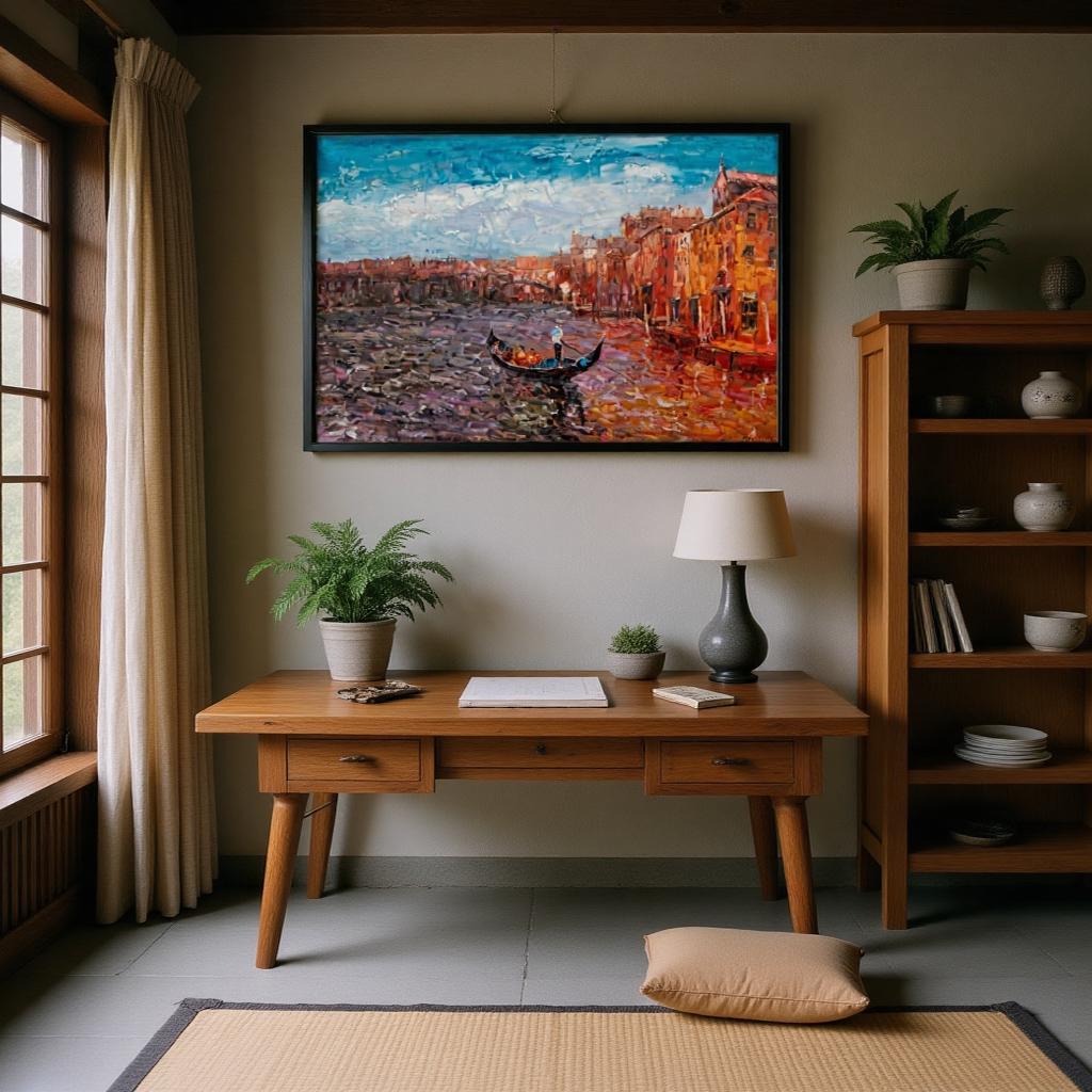 George Miller&#39;s &quot;Venetian Reflections&quot; brings a serene and artistic touch to a home study. The painting adds a focal point to the room, harmonizing with the natural light and wooden furniture to create a calming and productive environment.
