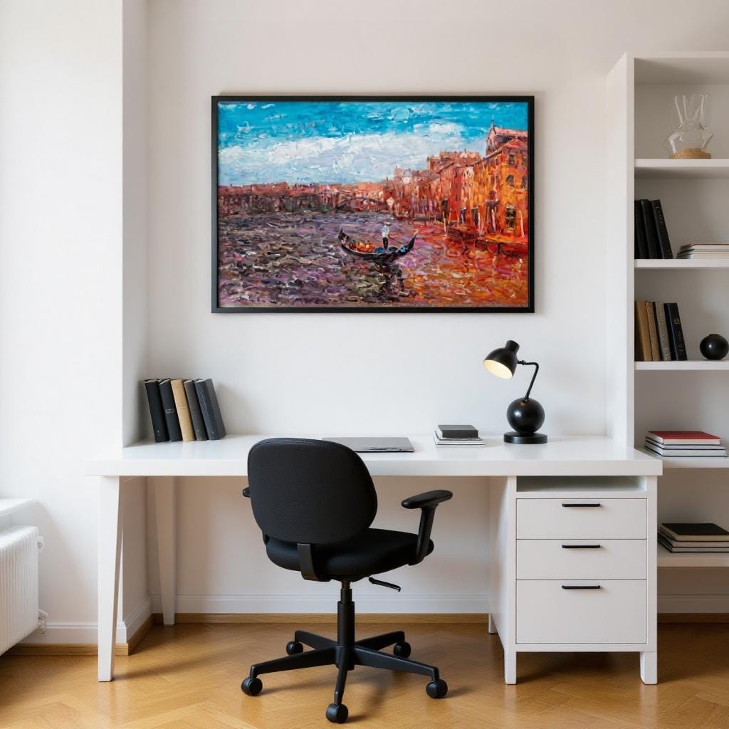 George Miller&#39;s &quot;Venetian Reflections&quot; brings a gallery-like atmosphere to a modern and minimalist workspace. The painting’s vibrant colors and dynamic composition add an artistic touch, enhancing creativity and visual appeal.