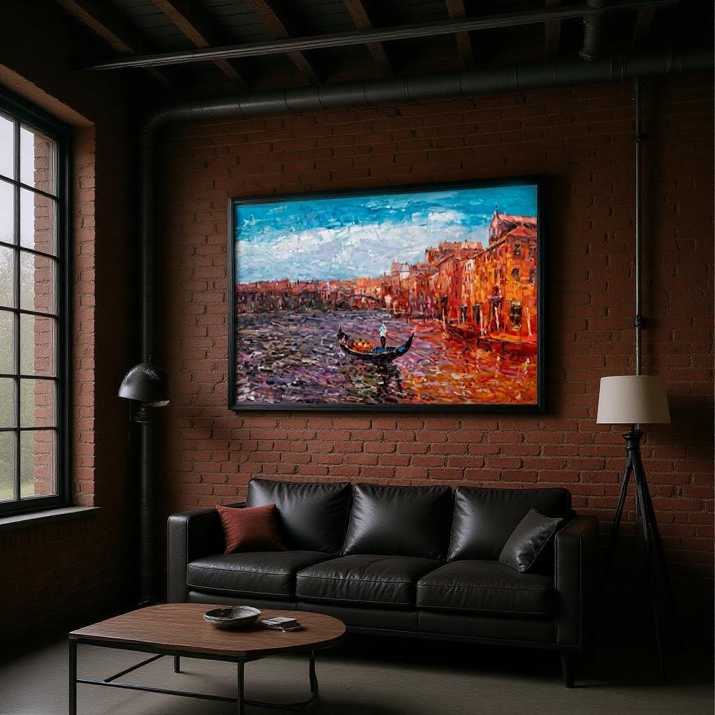 George Miller&#39;s &quot;Venetian Reflections&quot; adds warmth and character to an industrial-style living room. The painting softens the ruggedness of the brick walls and metal accents, creating a balanced and inviting atmosphere.