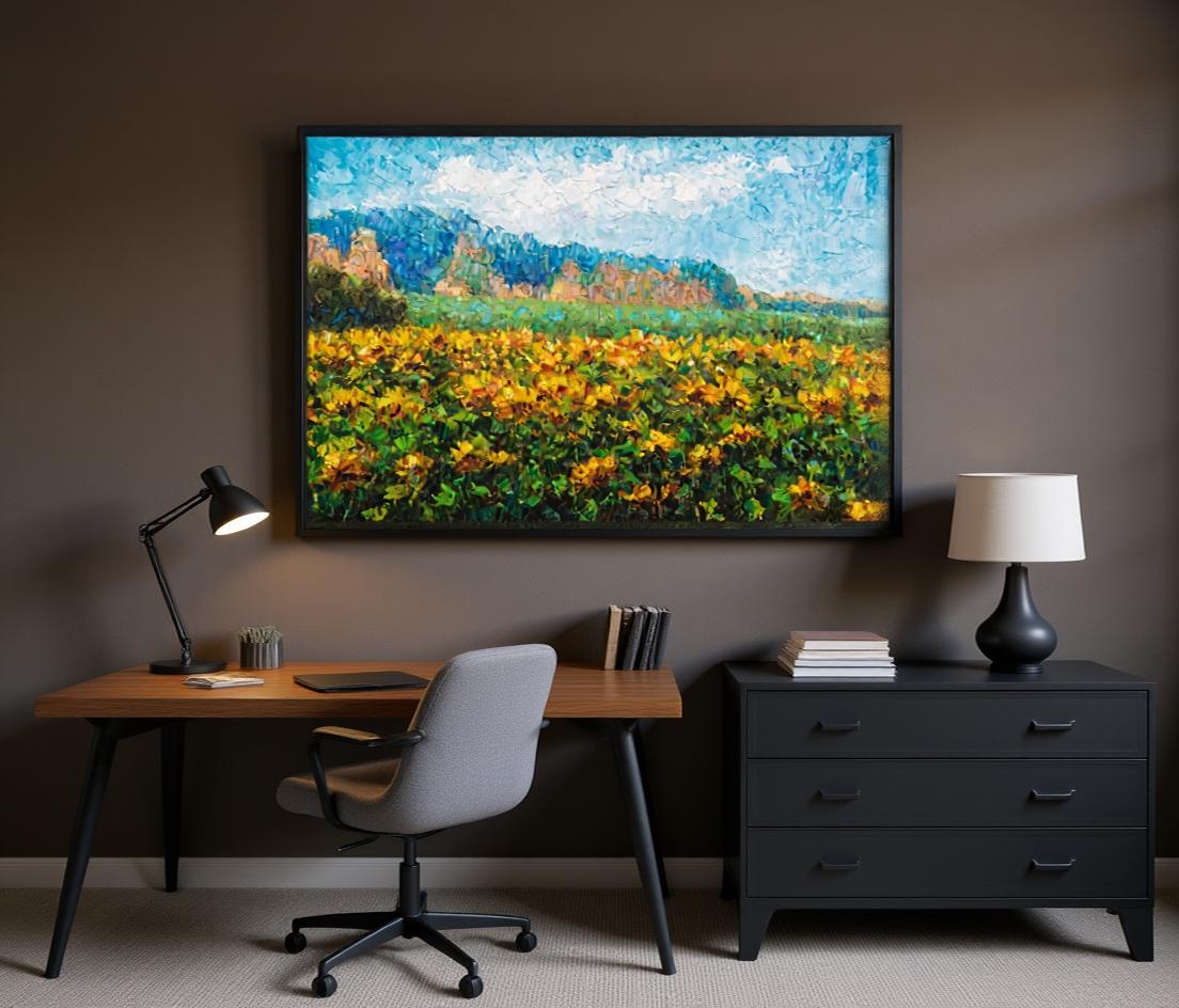 George Miller&#39;s &quot;Sunflowers Beneath the Cliffs&quot; adds a touch of nature and inspiration to a contemporary home office. The painting&#39;s vibrant colors and scenic view create an uplifting and productive workspace, perfect for creativity.