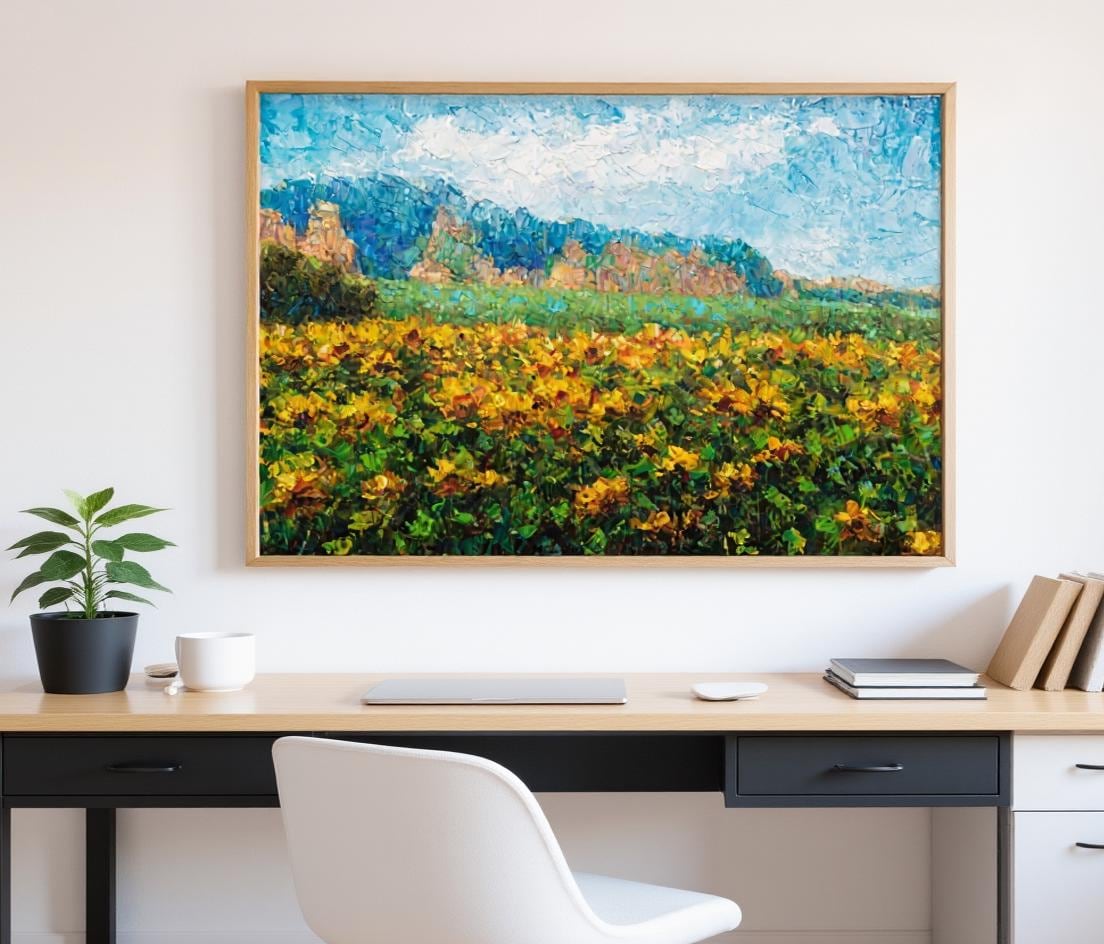 George Miller&#39;s &quot;Sunflowers Beneath the Cliffs&quot; brings a serene and artistic touch to a minimalist desk setup. The painting adds a focal point to the room, harmonizing with the natural light and simple furniture to create a calming and productive environment.