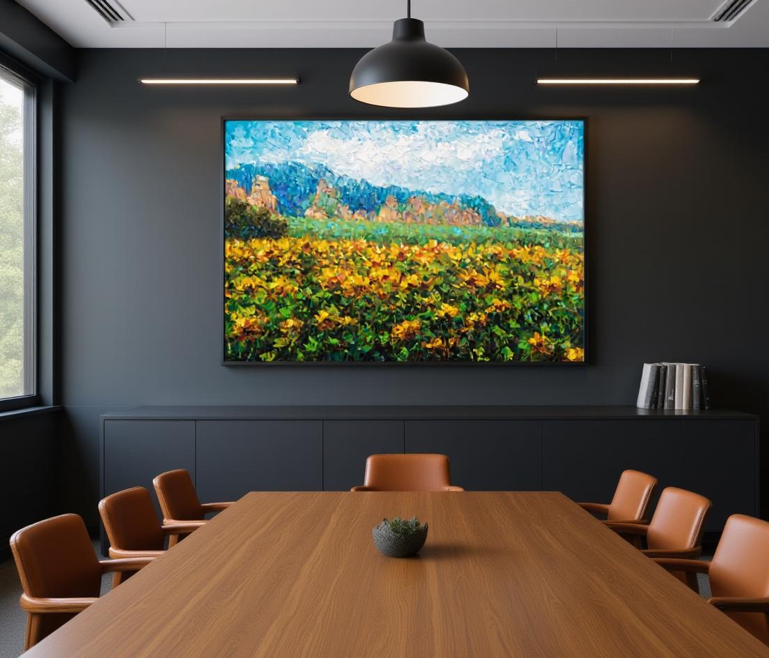 George Miller&#39;s &quot;Sunflowers Beneath the Cliffs&quot; enhances a modern conference room with its natural beauty and vibrant colors. The artwork adds a touch of serenity and sophistication, creating a positive and collaborative atmosphere.