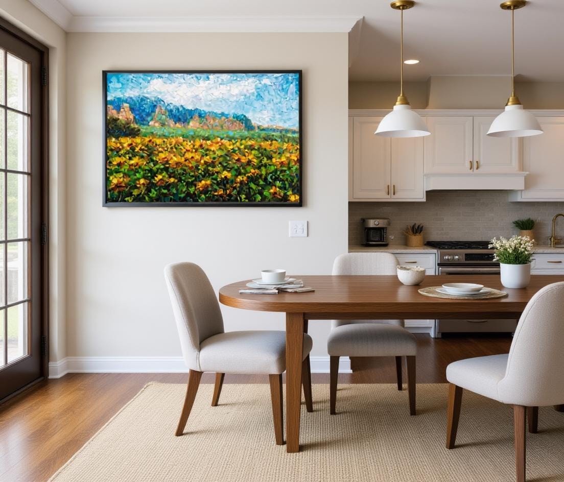 George Miller&#39;s &quot;Sunflowers Beneath the Cliffs&quot; enhances a bright and cheerful kitchen dining area. The painting adds a splash of color and natural beauty, creating a warm and inviting space for enjoying meals and gatherings.