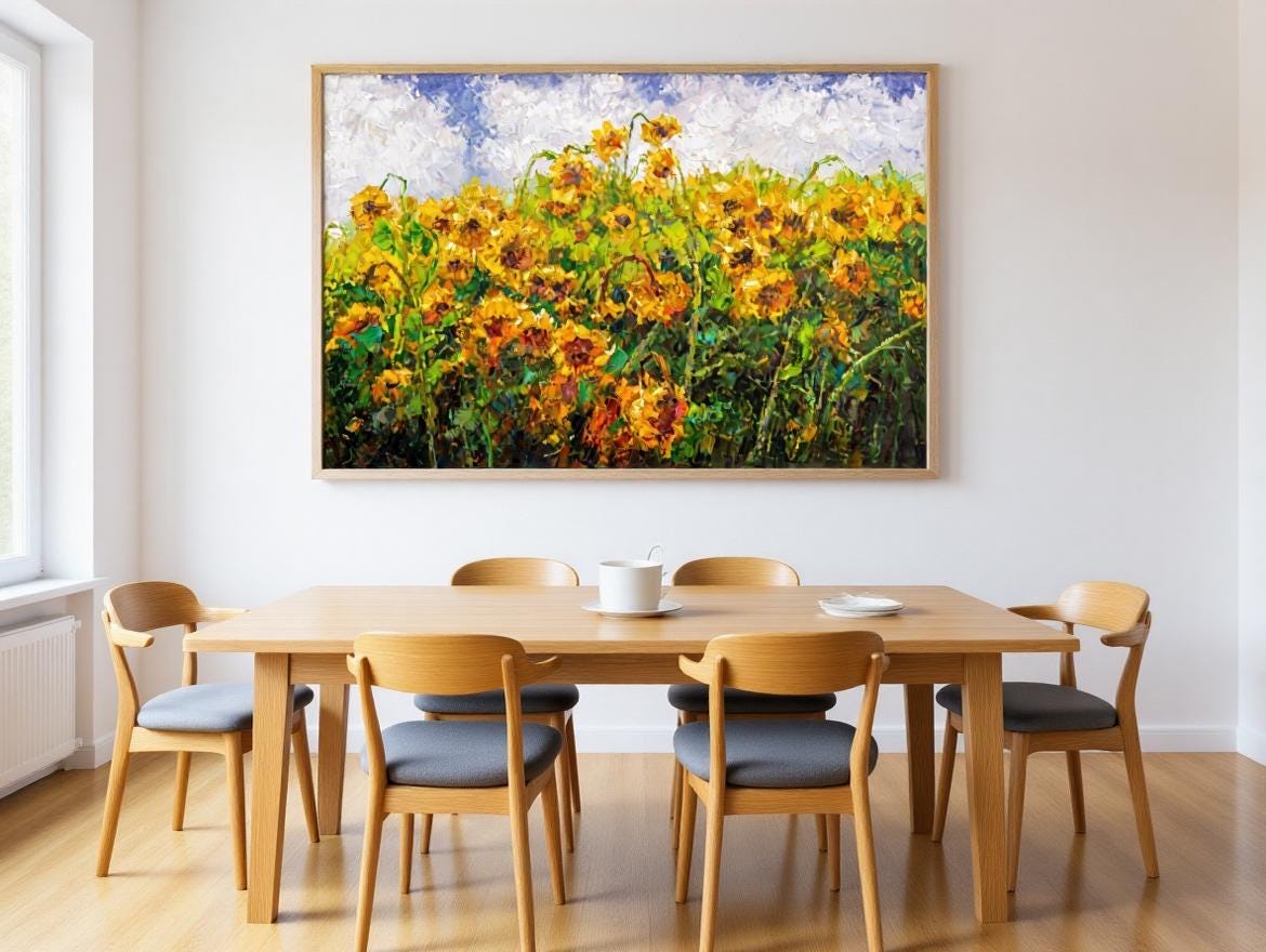 George Miller&#39;s &quot;Sun Worshippers&quot; brings a touch of natural elegance to a bright dining room. The artwork&#39;s harmonious colors complement the light wood furniture, creating a comfortable and inviting ambiance for family meals and gatherings.