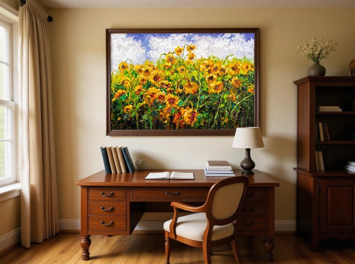 George Miller&#39;s &quot;Sun Worshippers&quot; enhances a traditional home office with its classic beauty and warm hues. The painting complements the wooden furniture and adds a focal point that inspires creativity and focus in a professional setting.
