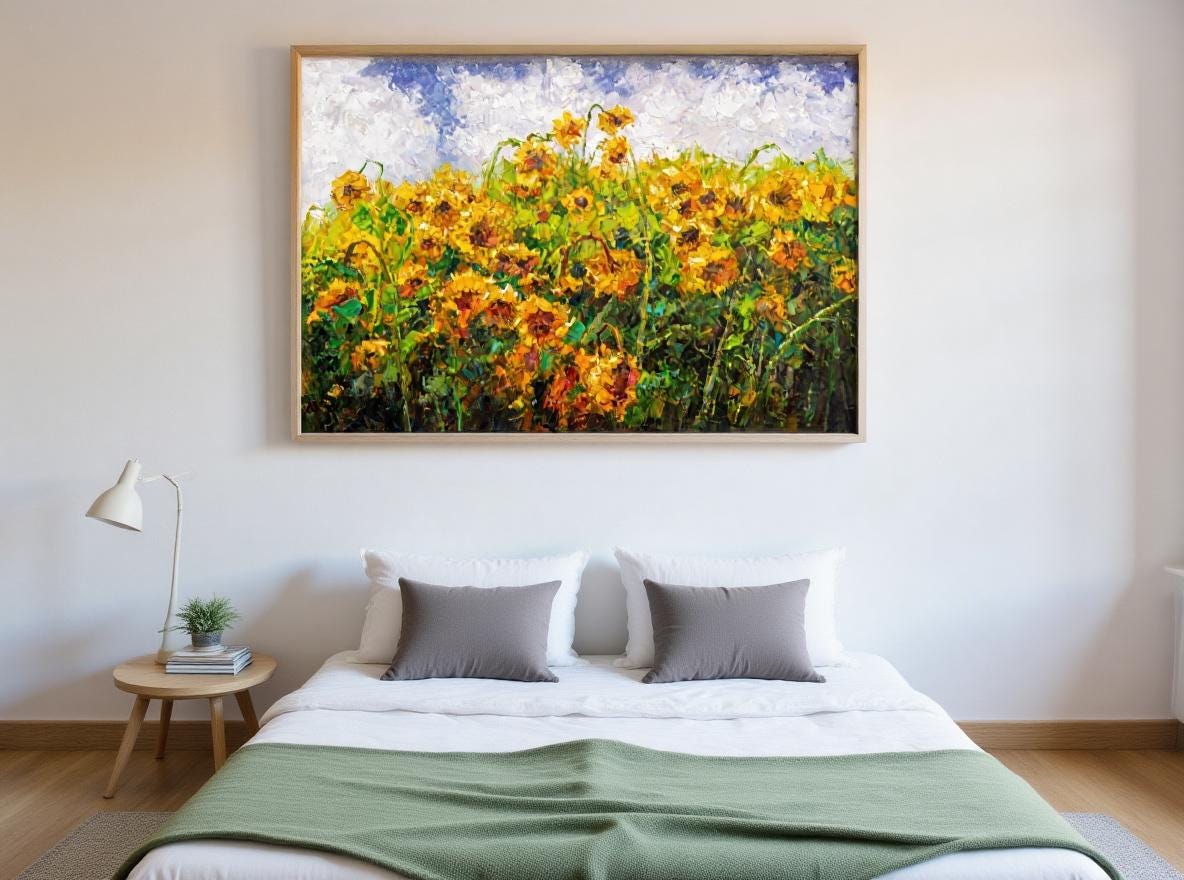 George Miller&#39;s &quot;Sun Worshippers&quot; adds a touch of warmth and natural beauty to a minimalist bedroom. The painting brings a calm and inviting atmosphere, making it a perfect addition to a serene and restful space.