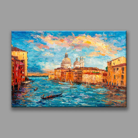 Original oil painting &quot;Venetian Sunset&quot; by George Miller. This breathtaking artwork captures the serene beauty of Venice at sunset, showcasing the city&#39;s iconic architecture and shimmering waters in vibrant, warm colors. A perfect statement piece!