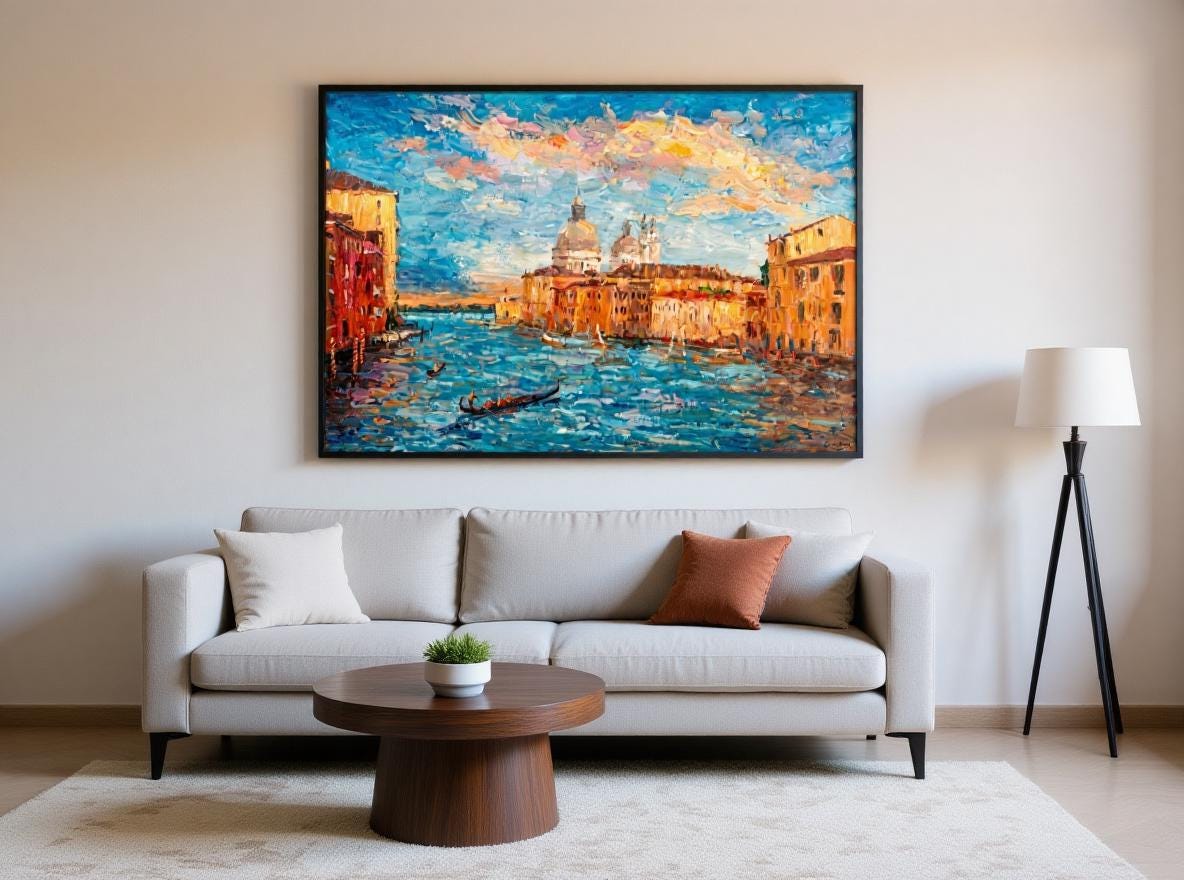 George Miller&#39;s &quot;Venetian Sunset&quot; enhances a minimalist living room with its vibrant colors and serene subject. This painting adds warmth and an artistic focal point to the clean, uncluttered space, creating an inviting and stylish atmosphere.