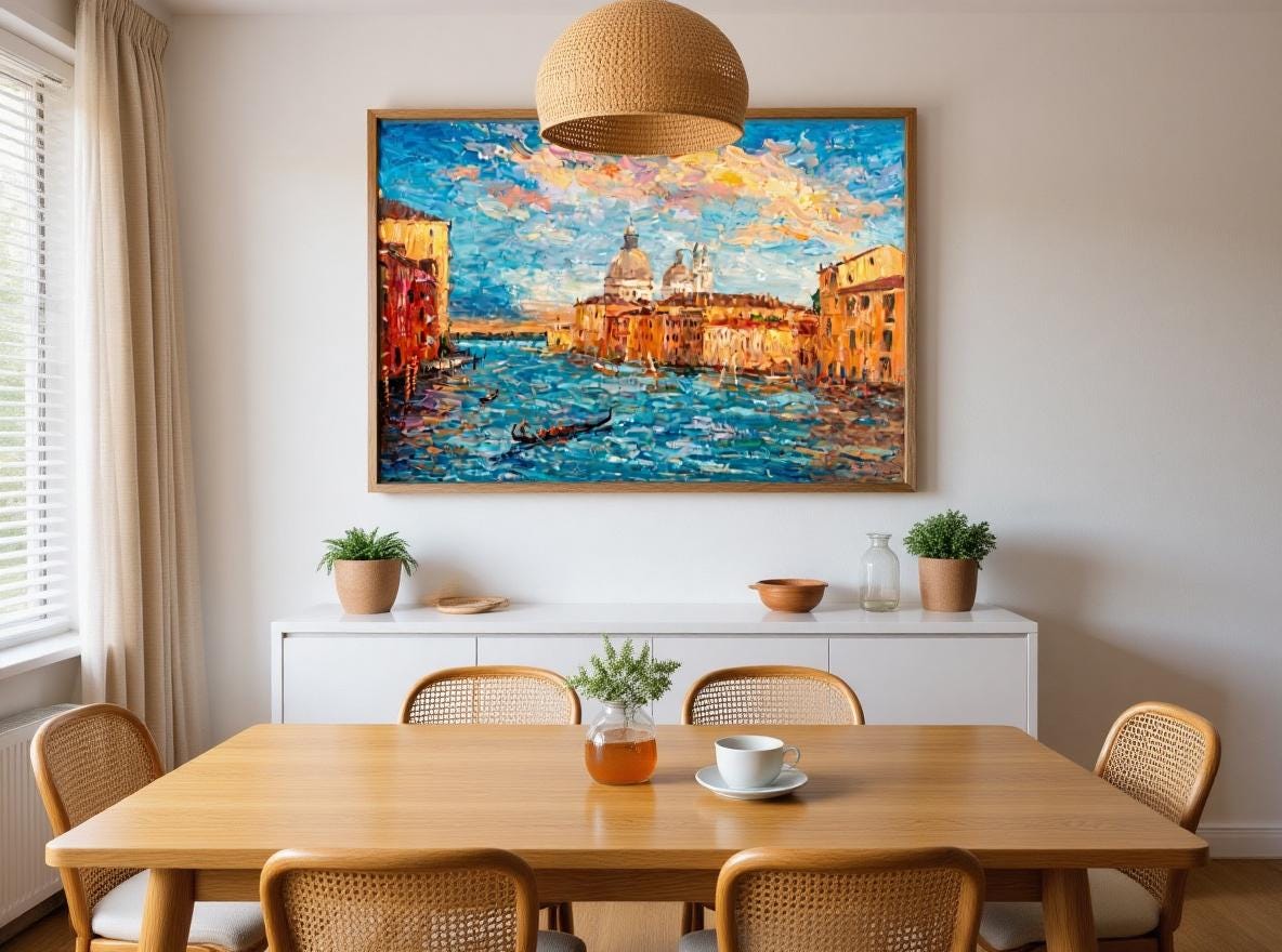 George Miller&#39;s &quot;Venetian Sunset&quot; brings a touch of natural elegance to a bright dining room. The artwork&#39;s harmonious colors complement the light wood furniture, creating a comfortable and inviting ambiance for family meals and gatherings.