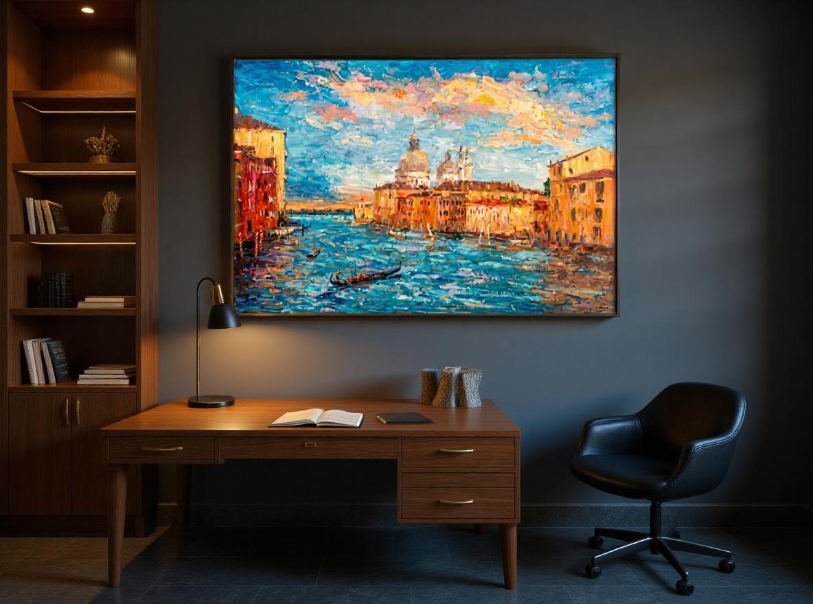 George Miller&#39;s &quot;Venetian Sunset&quot; adds sophistication and inspiration to a modern home office. The painting&#39;s calming colors and scenic view create an uplifting and productive workspace, perfect for focus and creativity.