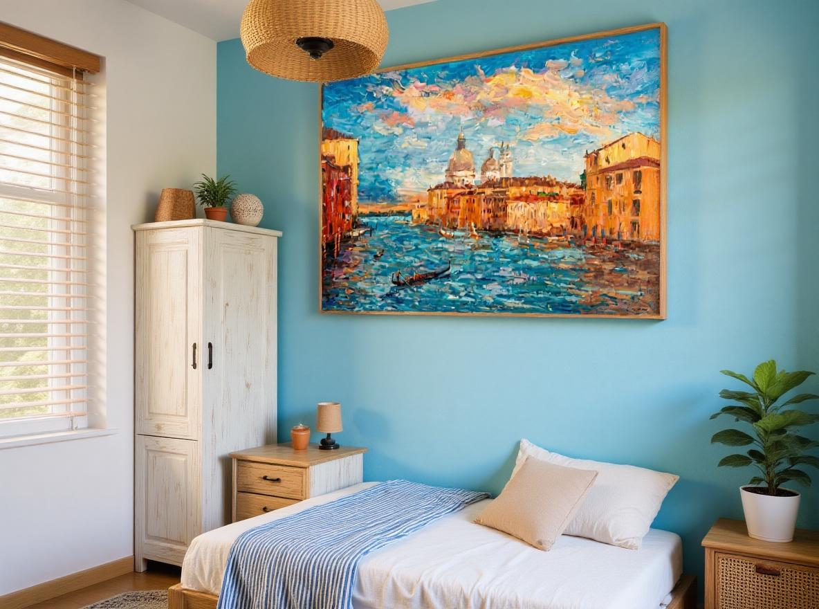 George Miller&#39;s &quot;Venetian Sunset&quot; enhances a vibrant bedroom with its warm color palette and serene theme. The painting complements the blue walls and natural decor, creating a harmonious and inviting space for relaxation.