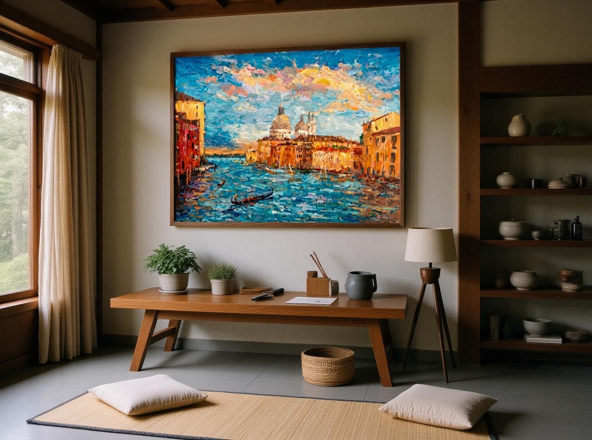 George Miller&#39;s &quot;Venetian Sunset&quot; adds a serene and artistic touch to a Japandi-style living space. The painting&#39;s calming colors and scenic view complement the natural light and wooden furniture, creating a relaxing and inviting environment.