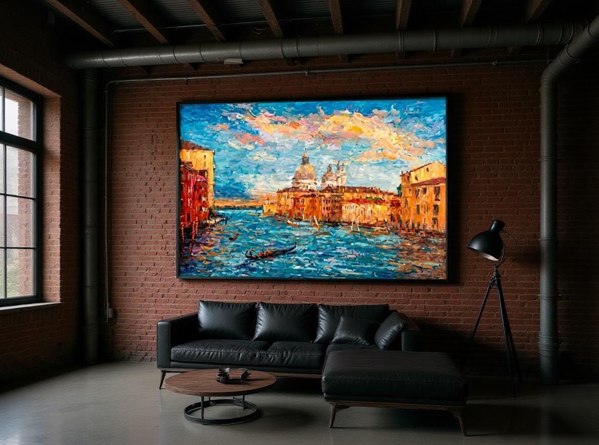 George Miller&#39;s &quot;Venetian Sunset&quot; adds warmth and character to an industrial-style living room. The painting softens the ruggedness of the brick walls and metal accents, creating a balanced and inviting atmosphere.