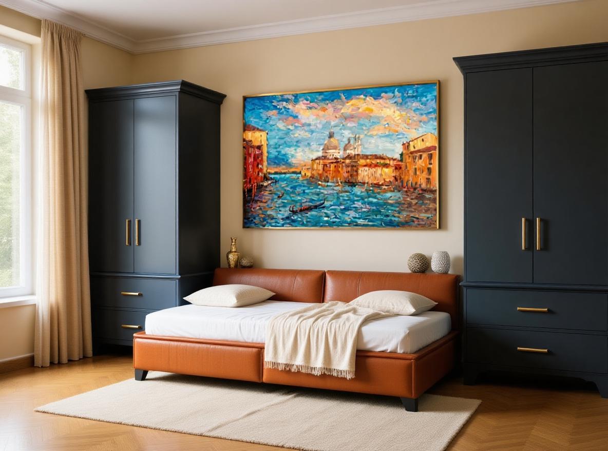 George Miller&#39;s &quot;Venetian Sunset&quot; complements a neutral-toned bedroom, adding a splash of color and classic beauty. The painting enhances the room&#39;s warmth and sophistication, making it a focal point that ties the decor together.
