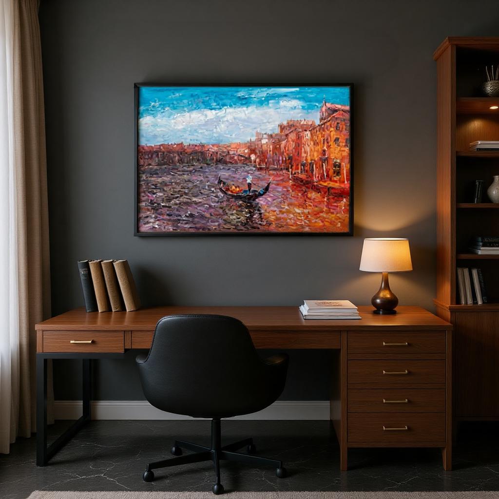 George Miller&#39;s &quot;Venetian Reflections&quot; adds depth and inspiration to a home office with its serene Venetian scene. The painting&#39;s calm waters and vibrant buildings create a perfect backdrop for focus and creativity in a modern workspace.