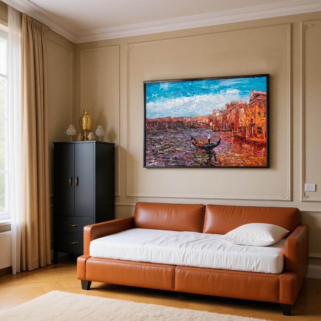 George Miller&#39;s &quot;Venetian Reflections&quot; complements a neutral-toned living space, adding a splash of color and classic beauty. The painting enhances the room&#39;s warmth and sophistication, making it a focal point that ties the decor together.