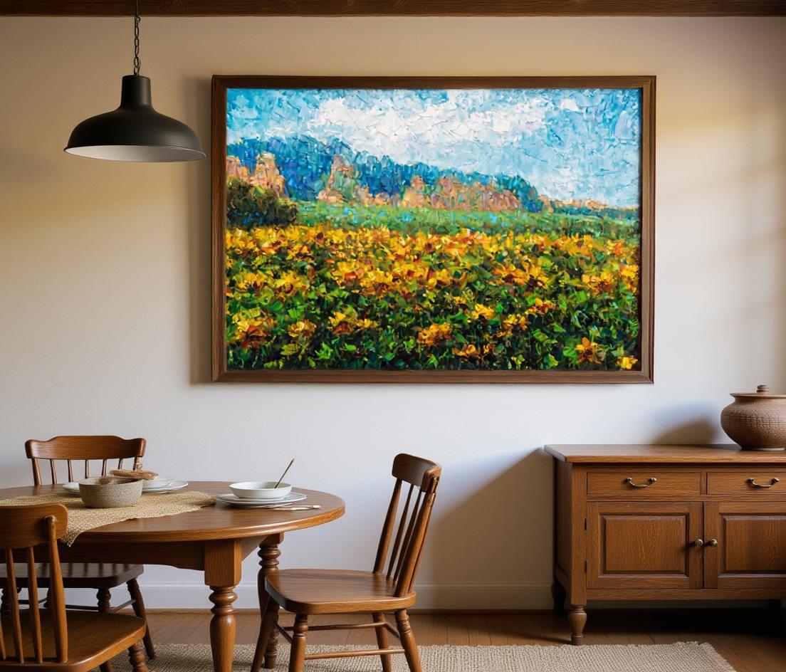 George Miller&#39;s &quot;Sunflowers Beneath the Cliffs&quot; brings a rustic charm to a cozy dining space. The painting&#39;s warm tones and natural scenery complement the wooden furniture, creating a welcoming and relaxed atmosphere for family meals.
