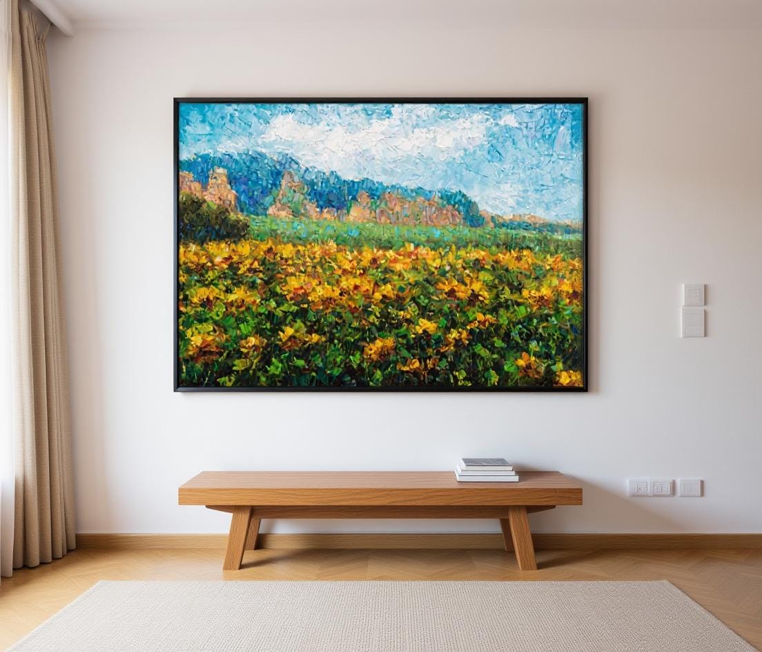 George Miller&#39;s &quot;Sunflowers Beneath the Cliffs&quot; brings a touch of nature and tranquility to a minimalist entryway. The painting adds warmth and character to the clean space, creating a welcoming and stylish first impression.