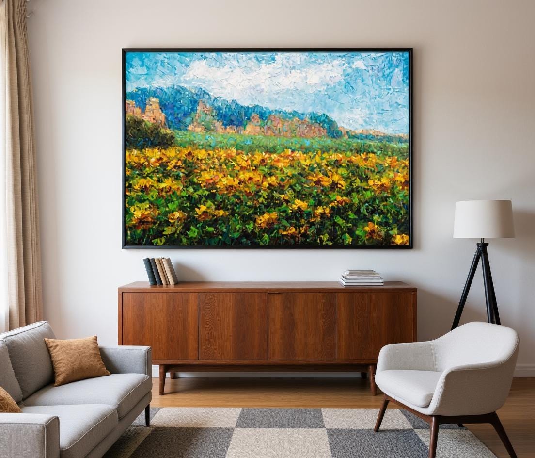 George Miller&#39;s &quot;Sunflowers Beneath the Cliffs&quot; complements a mid-century modern living room with its harmonious colors and natural theme. The painting adds a focal point that ties the room together, enhancing its stylish and inviting vibe.