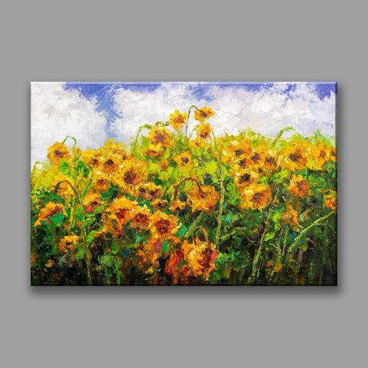Original oil painting &quot;Sun Worshippers&quot; by George Miller. This vibrant artwork captures a breathtaking sunflower field under a bright, cloudy sky, showcasing rich textures and warm, inviting colors. Add a touch of sunshine to your space!