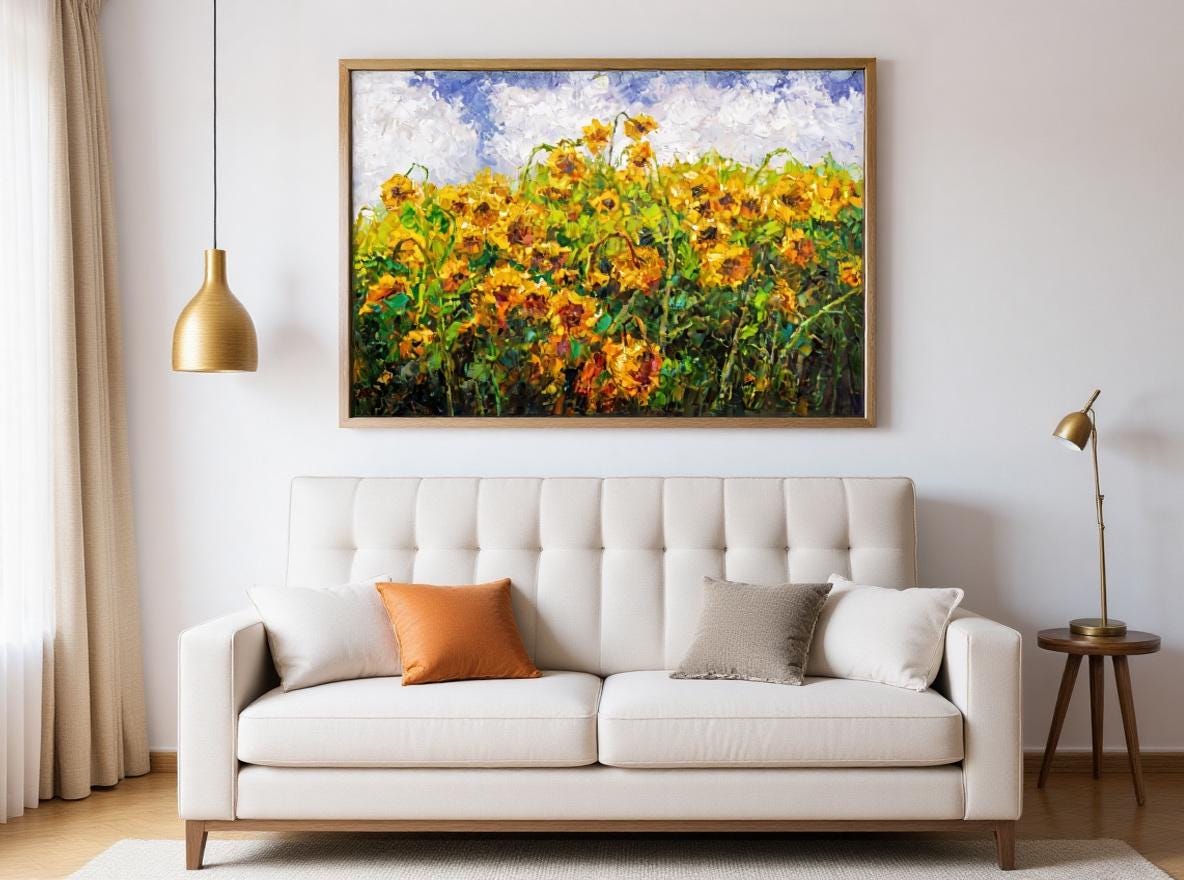 George Miller&#39;s &quot;Sun Worshippers&quot; adds a cozy and vibrant touch to a modern living room. The painting&#39;s warm tones and natural scenery complement the minimalist decor, making it a focal point that brings the room together in style.