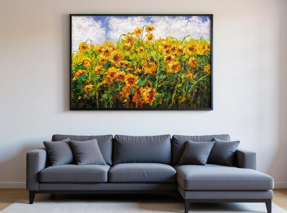 George Miller&#39;s &quot;Sun Worshippers&quot; enhances a modern living room with its natural beauty and cheerful colors. The artwork adds a touch of serenity and sophistication, creating a positive and collaborative atmosphere.