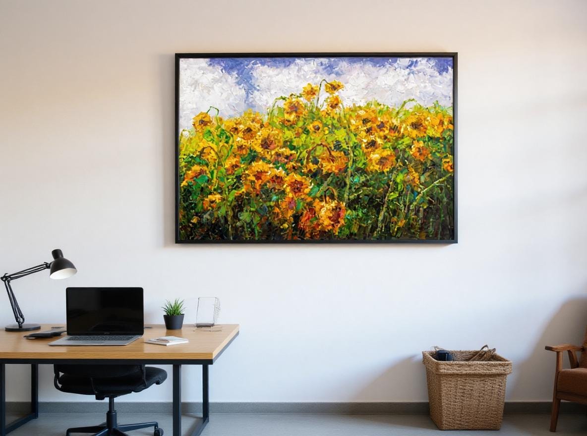 George Miller&#39;s &quot;Sun Worshippers&quot; complements a contemporary home office with its harmonious colors and natural theme. The painting adds a focal point that inspires creativity and ties the room together, enhancing its stylish vibe.