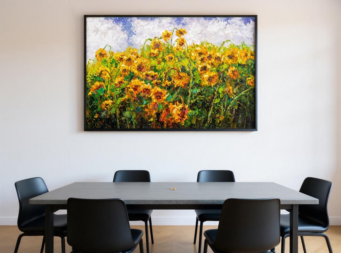 George Miller&#39;s &quot;Sun Worshippers&quot; enhances a modern conference room with its vibrant colors and natural beauty. The painting brings a touch of serenity and elegance, creating a positive and collaborative atmosphere for meetings.