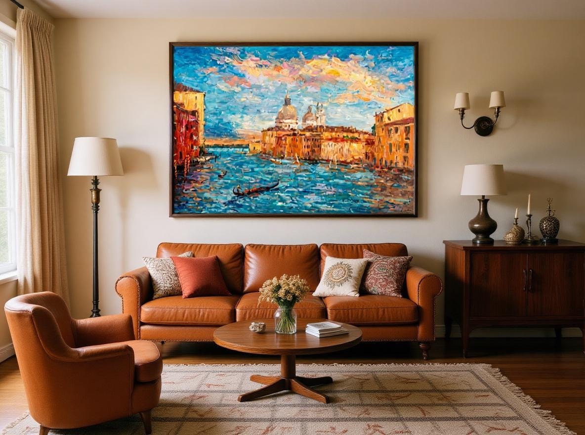 George Miller&#39;s &quot;Venetian Sunset&quot; brings a touch of classic beauty to a traditional living room. The painting&#39;s warm hues and elegant composition complement the leather furniture and vintage decor, creating a cozy and stylish space.