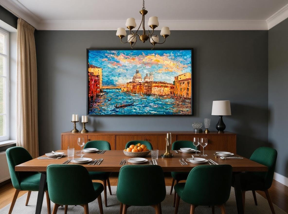George Miller&#39;s &quot;Venetian Sunset&quot; enhances a luxurious dining room with its rich colors and elegant composition. The artwork complements the room&#39;s sophisticated decor, adding a touch of Venetian charm and artistic flair.