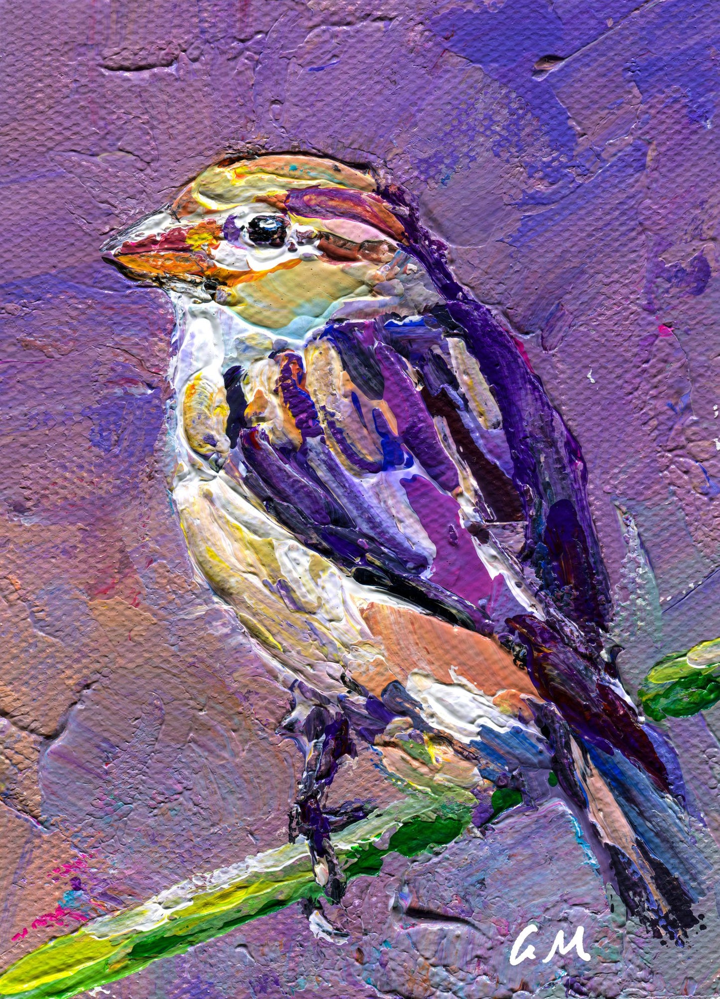 Textured oil painting of a bird in purple, white, and yellow hues on canvas, unframed, with expressive brushwork and initialed signature