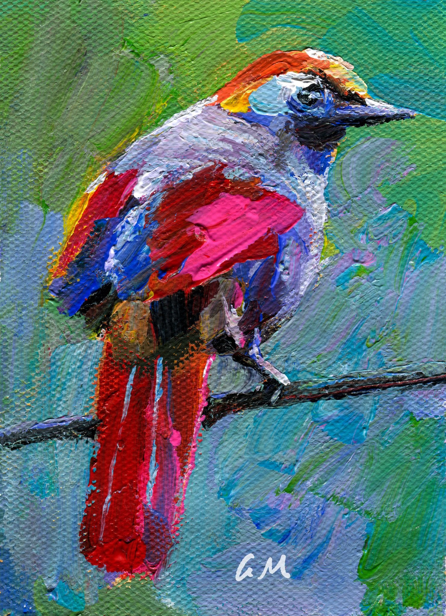 Vibrant oil painting of a colorful bird perched on a branch, created with thick impasto brushwork on canvas; unframed, vertical composition with expressive red, blue, and green hues.