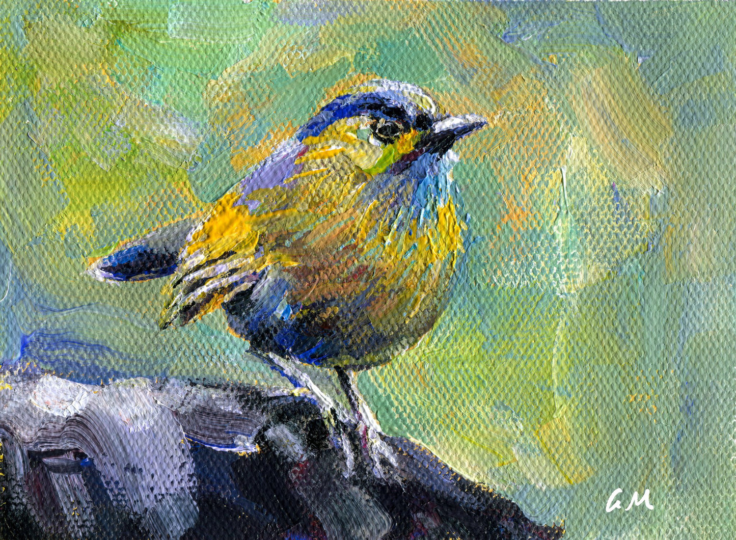 Hand-painted oil portrait of a vibrant bird with yellow, blue, and green plumage perched on a branch, unframed canvas on neutral surface