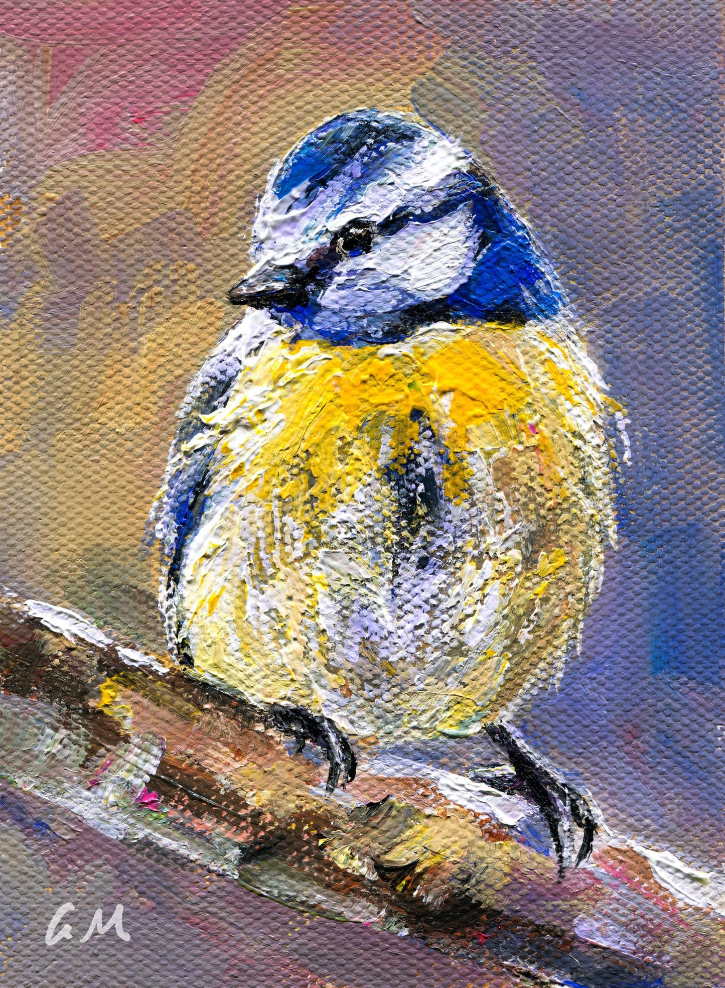 Palette knife oil painting of a blue tit perched on a branch, vibrant blue and yellow feathers, textured brushwork, unframed canvas on neutral surface