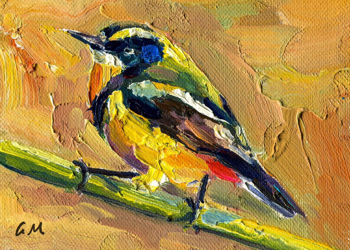 Oil painting of a colorful bird perched on a branch, featuring thick impasto brushwork in gold, blue, and yellow tones, unframed on canvas