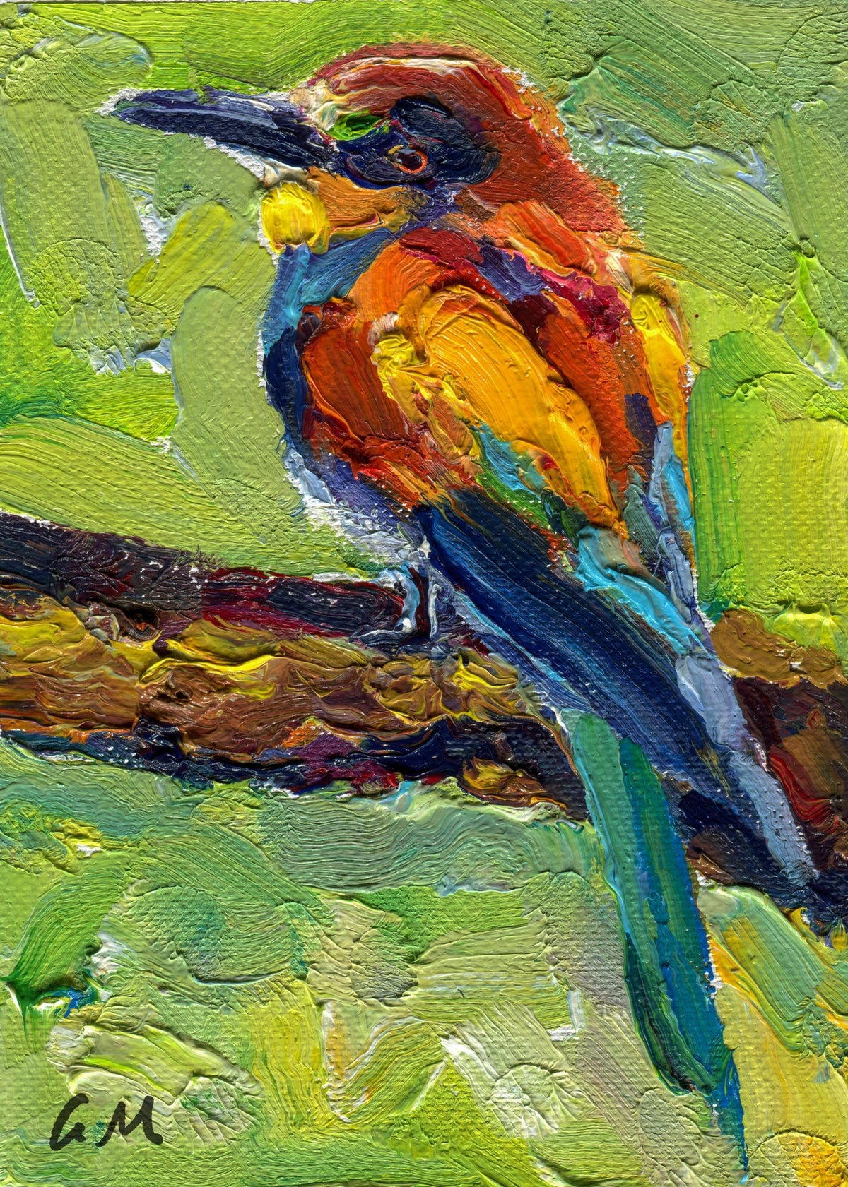 Vibrant oil painting of a colorful bird perched on a branch, unframed canvas with textured brushwork in green, orange, and blue hues