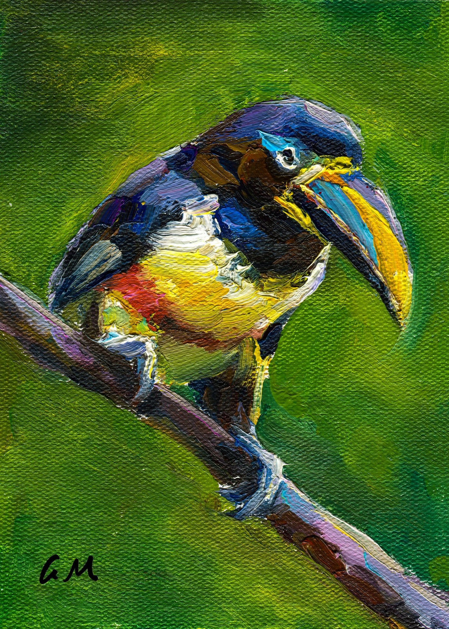 Hand-painted oil portrait of a colorful toucan perched on a branch, vibrant green background, unframed canvas artwork with artist initials