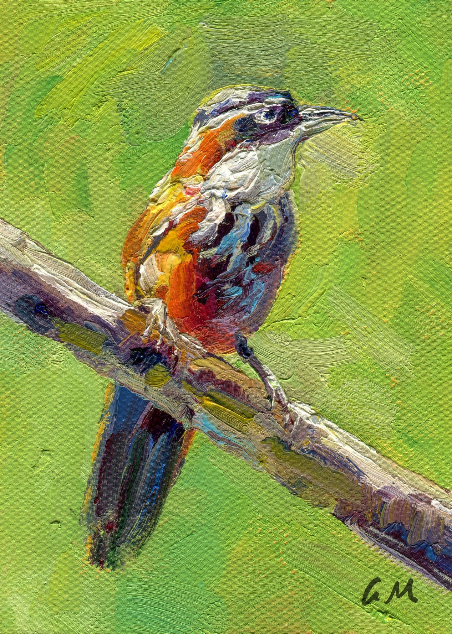 Impressionist oil painting of a colorful bird perched on a branch, unframed canvas with visible brushstrokes and vibrant green background