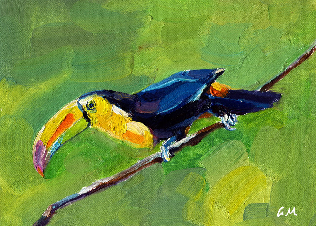 Vibrant oil painting of a toucan perched on a branch, featuring bold green, yellow, and blue hues, unframed canvas artwork with visible brush texture