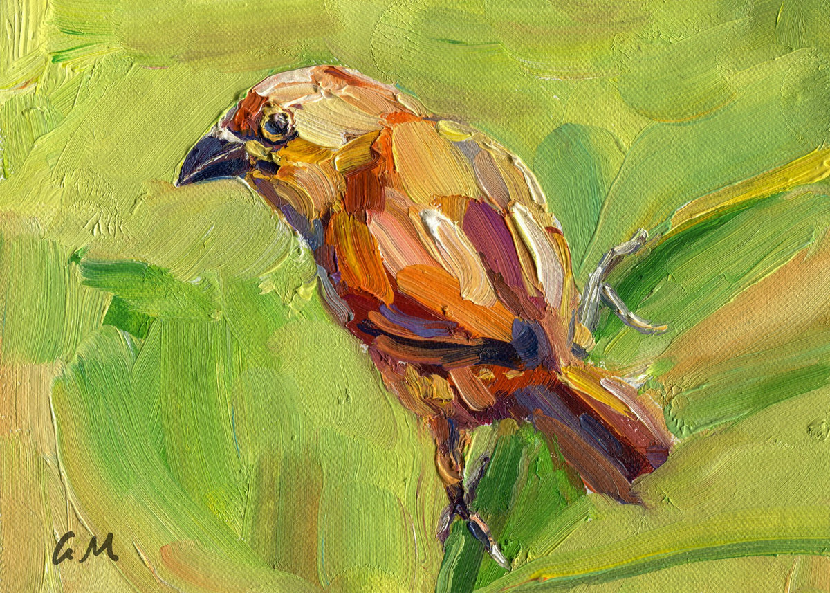 Oil painting of a bird with impasto texture on canvas, unframed, featuring green and earthy tones, signed by artist