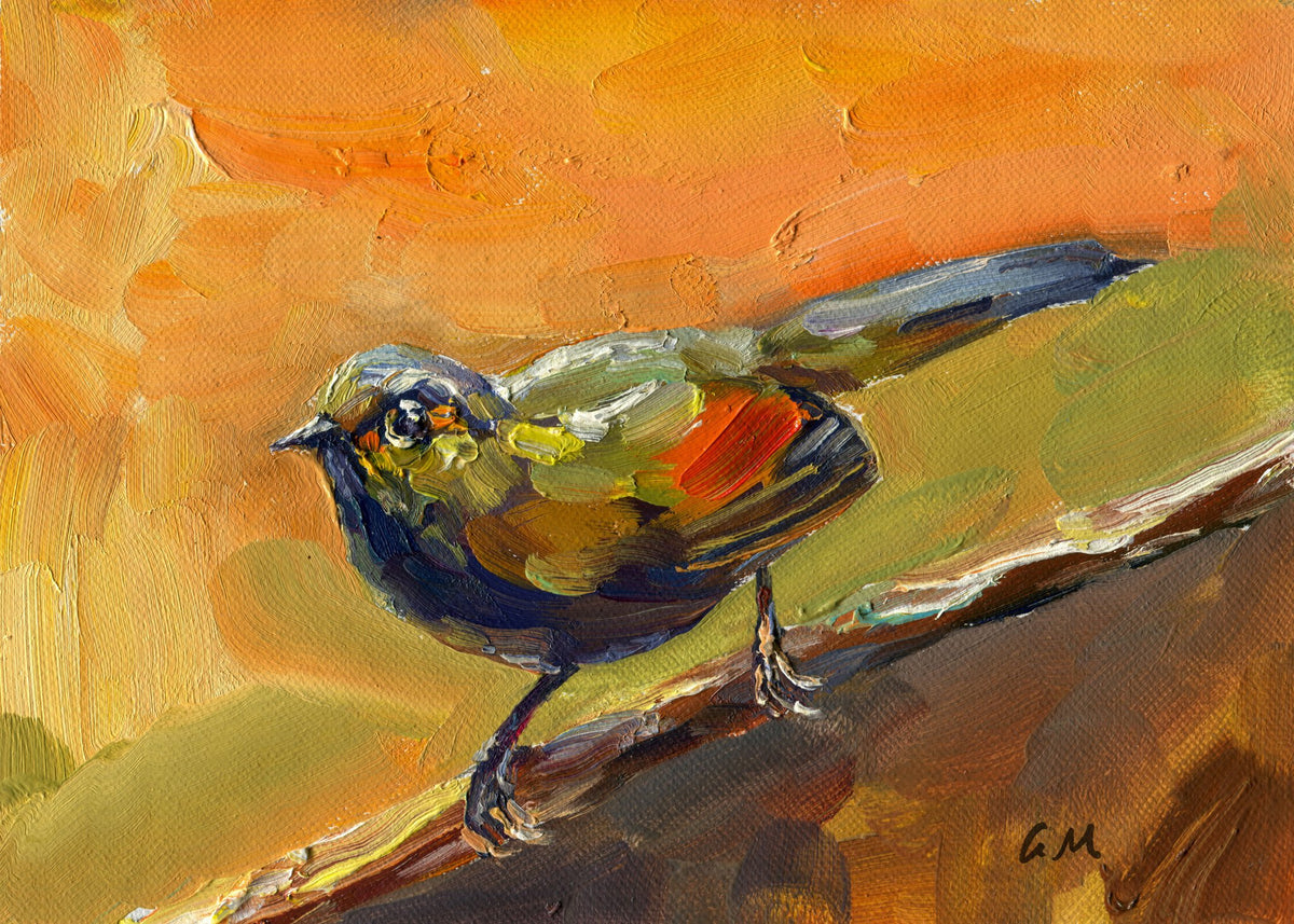 Oil painting of a colorful bird perched on a branch, vibrant orange and green background, textured impasto brushwork, unframed canvas
