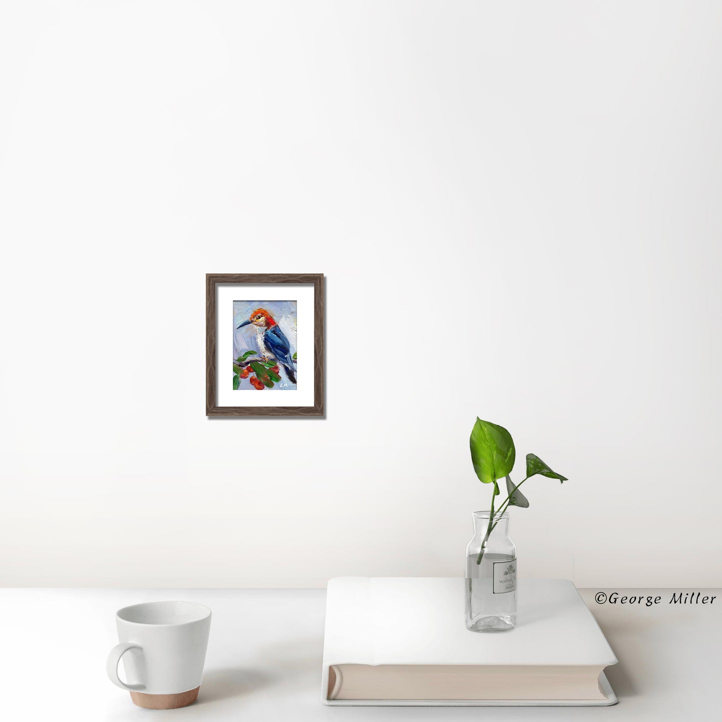 Red-Headed Woodpecker Painting, Original Oil on Canvas, Impasto Bird Art by George Miller