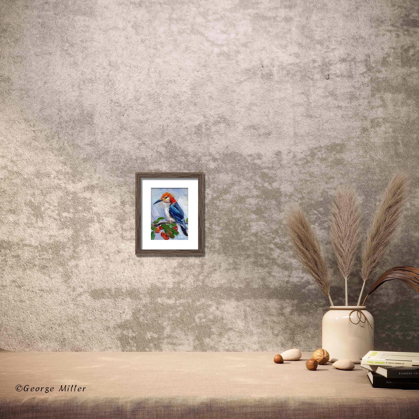 Red-Headed Woodpecker Painting, Original Oil on Canvas, Impasto Bird Art by George Miller